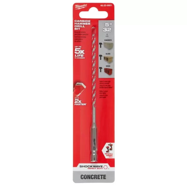 Milwaukee 5/32 in. x 4 in. x 6 in. SHOCKWAVE Carbide Hammer Drill Bit for Concrete, Stone, Masonry Drilling