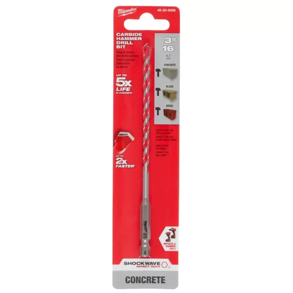 Milwaukee 3/16 in. x 4 in. x 6 in. SHOCKWAVE Carbide Hammer Drill Bit for Concrete, Stone, Masonry Drilling