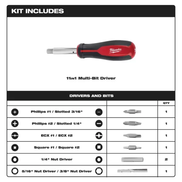 Milwaukee 11-in-1 Multi-Tip Screwdriver with ECX Driver Bits