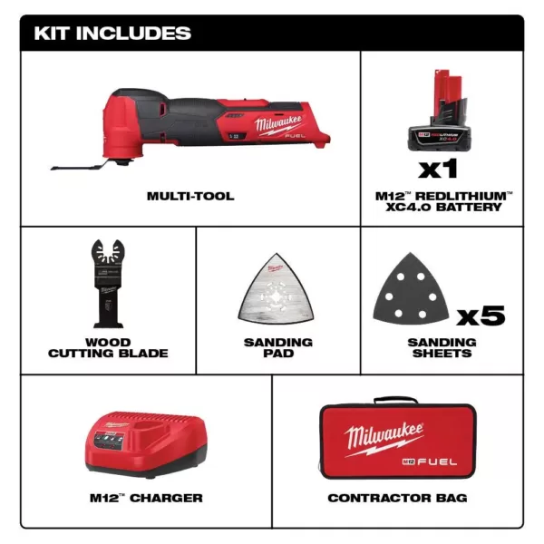 Milwaukee M12 FUEL 12-Volt Lithium-Ion Cordless Oscillating Multi-Tool Kit with 4.0 Ah Battery, Charger, Accessories and Tool Bag