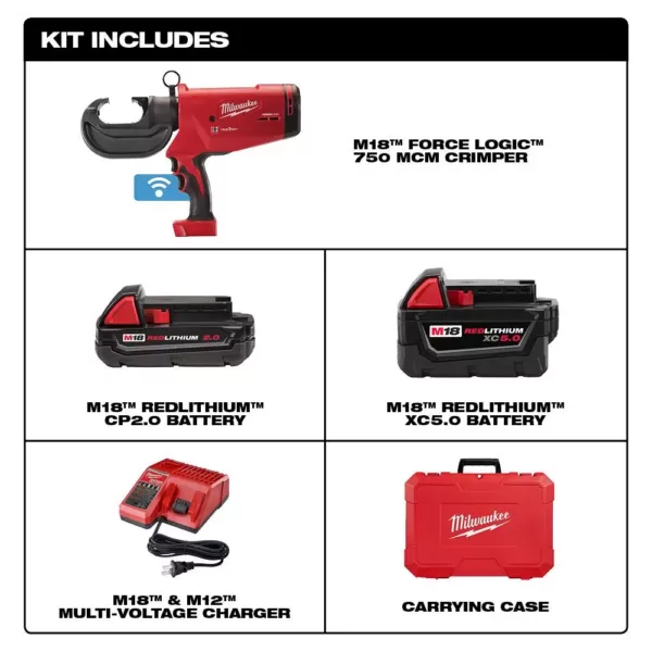 Milwaukee M18 18-Volt Lithium-Ion Cordless FORCE LOGIC 750 MCM Crimper W/(2) Batteries, Charger, Hard Case