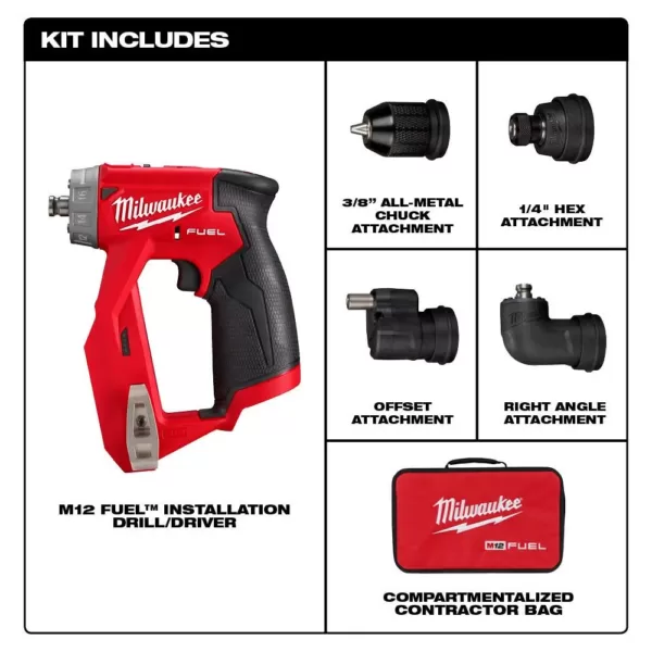 Milwaukee M12 FUEL 12-Volt Lithium-Ion Brushless Cordless 4-in-1 Installation 3/8 in. Drill Driver with 4 Tool Head (Tool-Only)