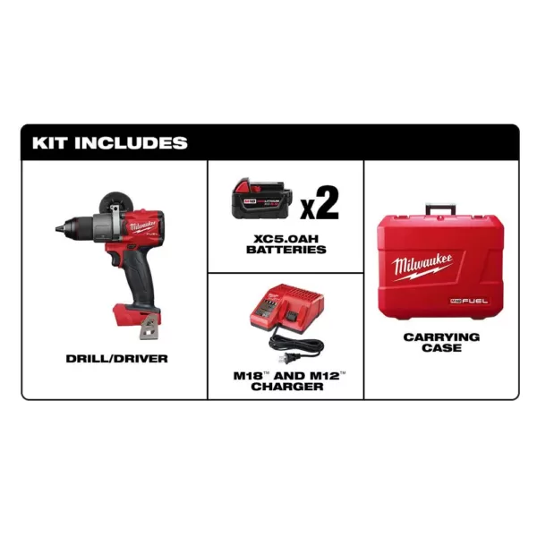 Milwaukee M18 FUEL 18-Volt Lithium-Ion Brushless Cordless 1/2 in. Drill / Driver Kit W/(2) 5.0Ah Batteries, Charger, and Hard Case