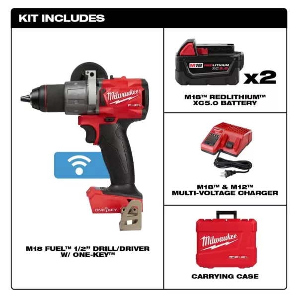 Milwaukee M18 FUEL ONE-KEY 18-Volt Lithium-Ion Brushless Cordless 1/2 in. Drill Driver Kit with Two 5.0 Ah Batteries Hard Case