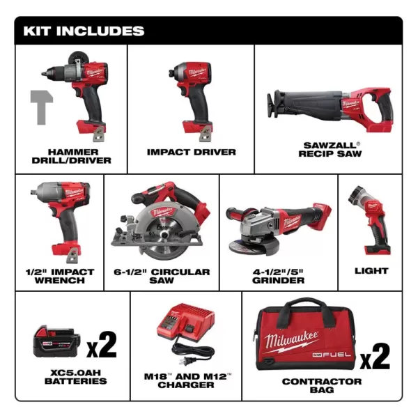 Milwaukee M18 FUEL 18-Volt Lithium-Ion Brushless Cordless Combo Kit (7-Tool) W/ (2) 5.0 Ah Batteries, (1) Charger, (2) Tool Bags