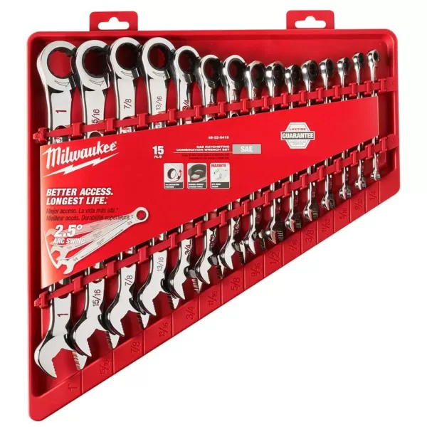 Milwaukee SAE Combination Ratcheting Wrench Mechanics Tool Set (15-Piece)