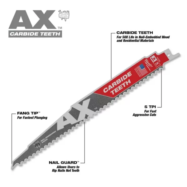 Milwaukee 9 in. 5 TPI AX Carbide Teeth Demo Nail Embedded Wood Cutting SAWZALL Reciprocating Saw Blade (1-Pack)