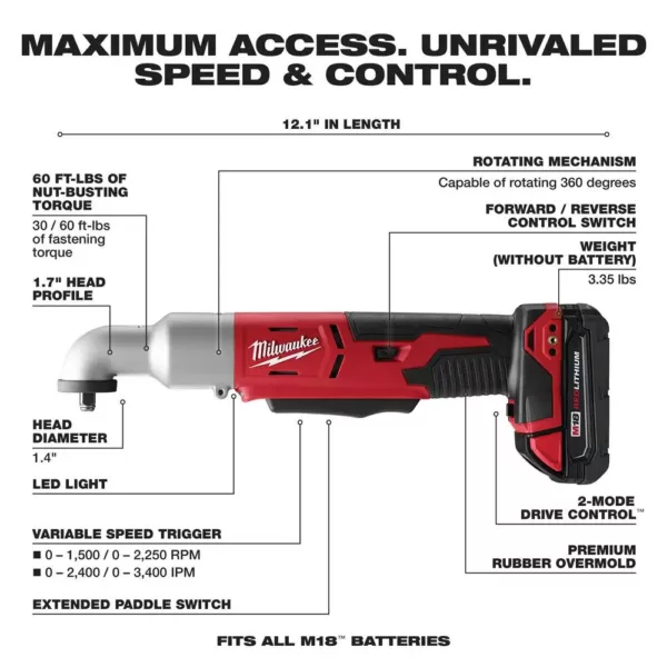 Milwaukee M18 18-Volt Lithium-Ion Cordless 3/8 in. 2-Speed Right Angle Impact Wrench Kit W/(1) 1.5Ah Batteries, Charger, Hard Case