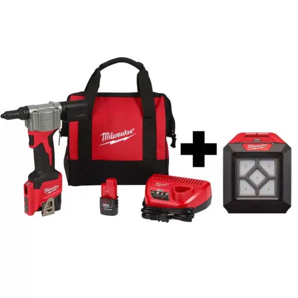 Milwaukee M12 12-Volt Lithium-Ion Cordless Rivet Tool Kit with (2) 1.5Ah Batteries, Charger and 1000 Lumens M12 Flood Light