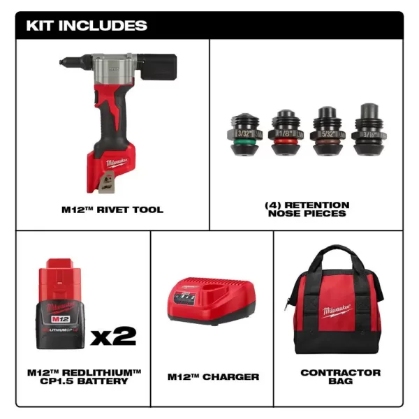 Milwaukee M12 12-Volt Lithium-Ion Cordless Rivet Tool Kit with (2) 1.5Ah Batteries and Charger