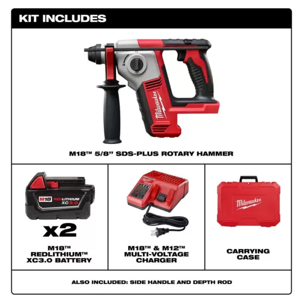 Milwaukee M18 18-Volt Lithium-Ion Cordless 5/8 in. SDS-Plus Rotary Hammer Kit W/(2) 3.0Ah Batteries, Charger, Hard Case