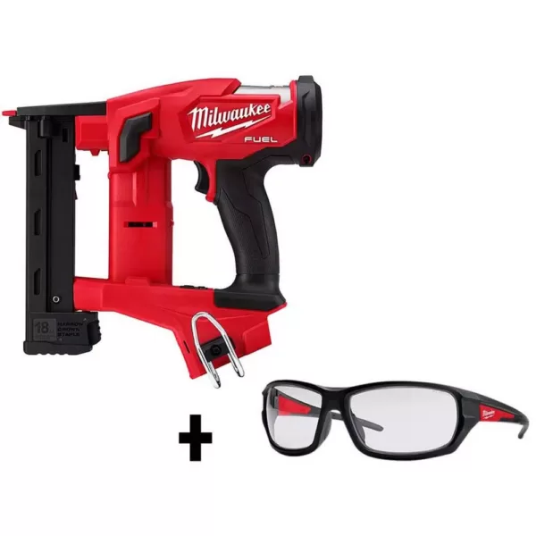 Milwaukee M18 FUEL 1/4 in. 18-Volt 18-Gauge Lithium-Ion Brushless Narrow Crown Stapler and Clear Performance Safety Glasses