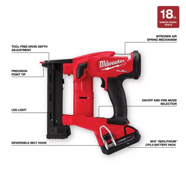 Milwaukee M18 FUEL 18-Volt Lithium-Ion Brushless Cordless 18-Gauge 1/4 in. Narrow Crown Stapler Kit w/ Battery 2Ah, Charger & Bag