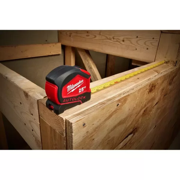 Milwaukee 25 ft. x 1.3 in. W Blade Tape Measure with 14 ft. Standout with 16 ft. Compact Auto Lock Tape Measure