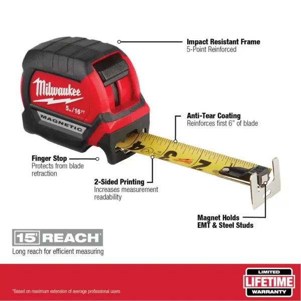 Milwaukee 5 m/16 ft. x 1 in. Compact Magnetic Tape Measure with 15 ft. Reach