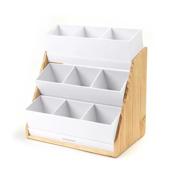 Mind Reader 9-Compartment White Condiment Organizer with Wood Base