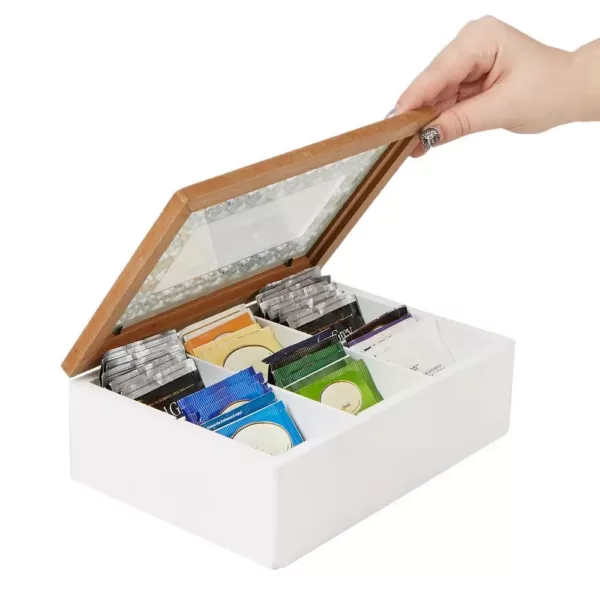 Mind Reader Brown Tea Box Storage Holder with Glass Window Wood Pattern