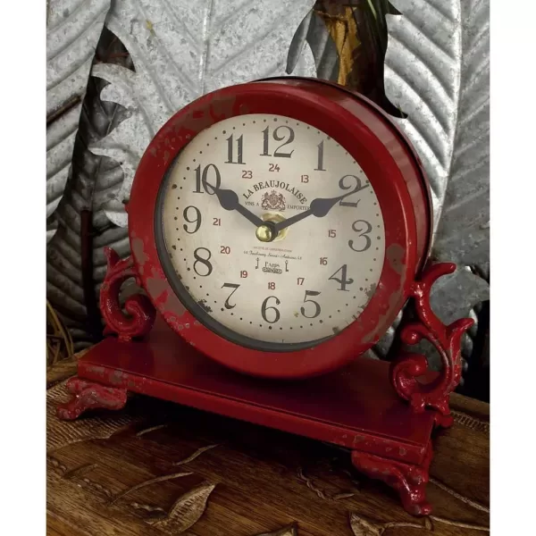 LITTON LANE 7 in. x 7 in. Burgundy Red and Mint Green Round Table Clocks on Rectangular Scrollwork-Designed Base (Set of 2)