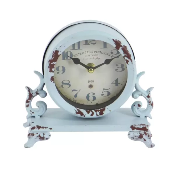 LITTON LANE 7 in. x 7 in. Burgundy Red and Mint Green Round Table Clocks on Rectangular Scrollwork-Designed Base (Set of 2)