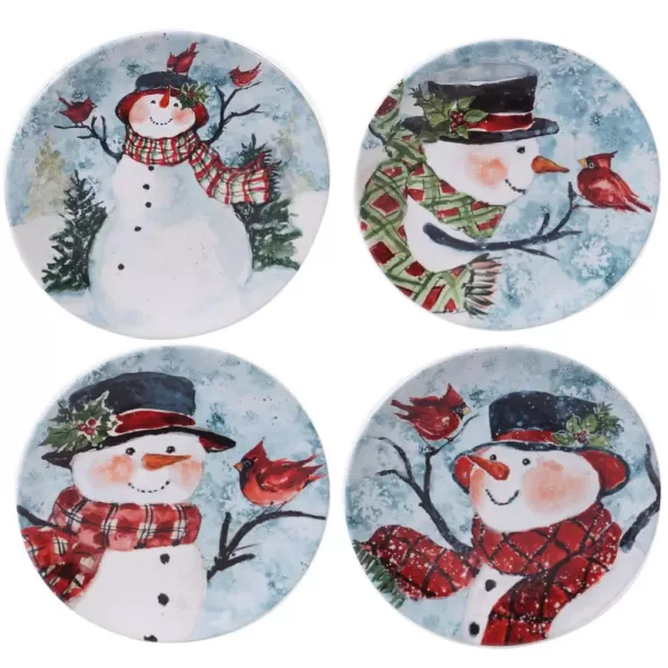 Certified International Watercolor Snowman 4-Piece Holiday Multicolored Earthenware 9 in. Dessert Plate Set (Service for 4)