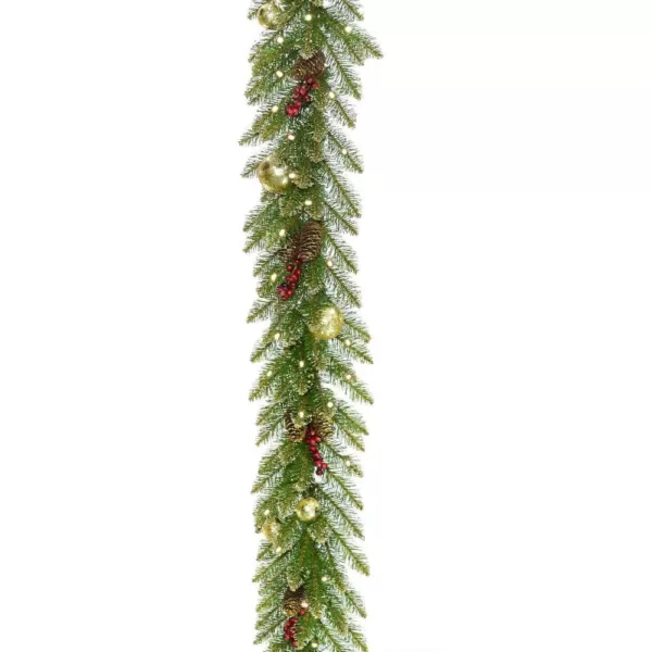 National Tree Company 9 ft. x 10 in. Glittery Gold Dunhill Fir Garland with Red Berries, Gold Edged Cones, Gold Ornaments