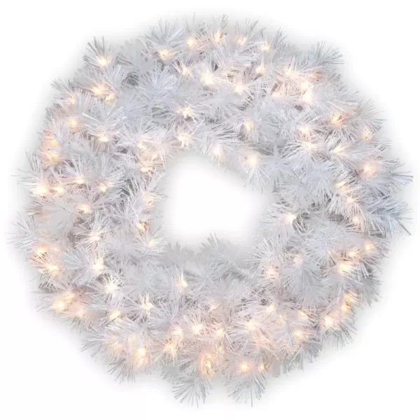 National Tree Company 30 in. Wispy Willow Grande White Artificial Wreath with Clear Lights