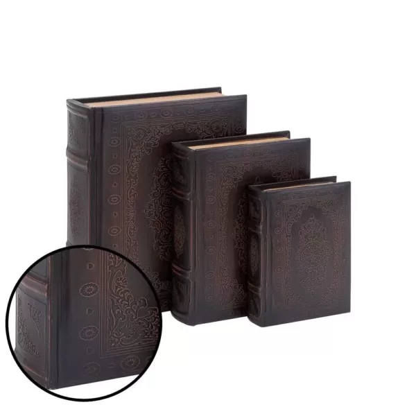 LITTON LANE Vintage Rectangular Wood and Synthetic Leather Flourished Book Boxes (Set of 3)