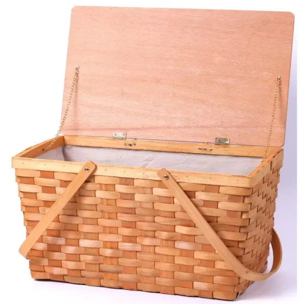 Vintiquewise Large Woodchip Picnic Basket with White Lining and Wooden Lid