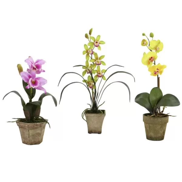 Nearly Natural Potted Orchid Mix in Lavender/Gold/Yellow (Set of 3)