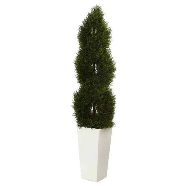 Nearly Natural 5.5 ft. High Indoor/Outdoor Double Pond Cypress Spiral Topiary Artificial Tree in White Tower Planter