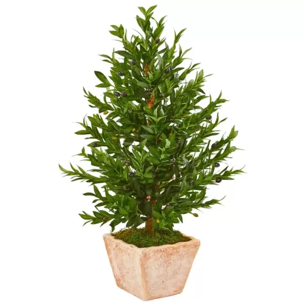 Nearly Natural Indoor/Outdoor 35-In. Olive Cone Topiary Artificial Tree in Terra Cotta Planter