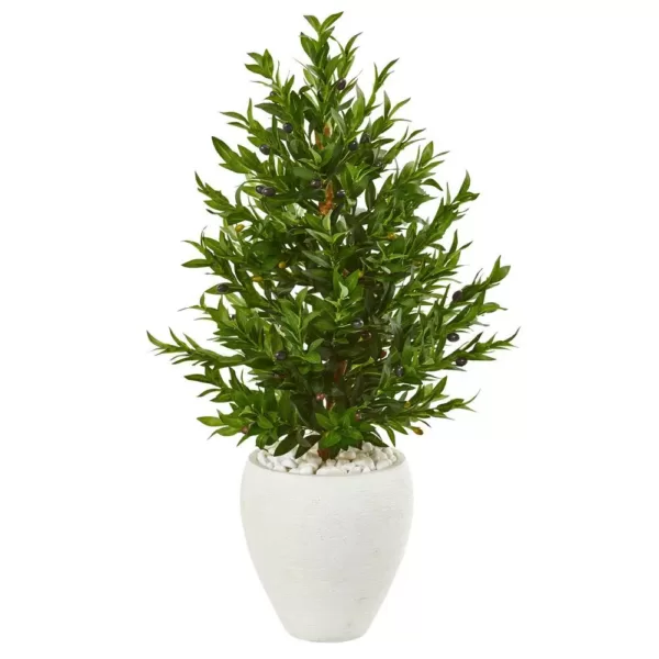 Nearly Natural Indoor/Outdoor 3.5-Ft. Olive Cone Topiary Artificial Tree in White Planter