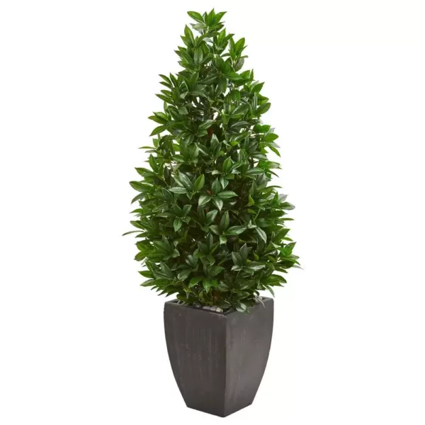 Nearly Natural Indoor/Outdoor 56-In. Bay Leaf Cone Topiary Artificial Tree in Black Planter