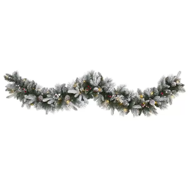 Nearly Natural 6 ft. Battery Operated Pre-lit Flocked Mixed Pine Artificial Christmas Garland with 50 LED Lights, Pine Cones, Berries