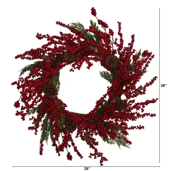 Nearly Natural 28 in. Cypress Artificial Wreath with Berries and Pine Cones