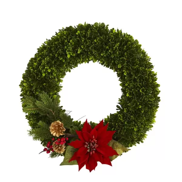 Nearly Natural 18 in. Tea Leaf Poinsettia and Pine Artificial Wreath