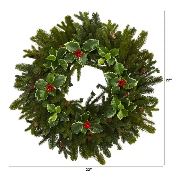 Nearly Natural 22 in. Pine Pinecone and Variegated Holly Leaf Artificial Wreath