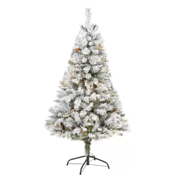 Nearly Natural 5 ft. White Pre-Lit Flocked River Mountain Pine Artificial Christmas Tree with Pine Cones and 150 Clear LED Lights