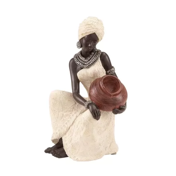 LITTON LANE 10 in. African Woman Decorative Figurine in Textured Ebony, Beige, Brick Red, and Silver