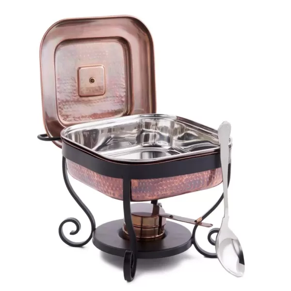 Old Dutch 11 in. x 10 in. x 9 in. Hammered Antique Copper Chafing Dish and 3 Qt. Stainless Steel Spoon