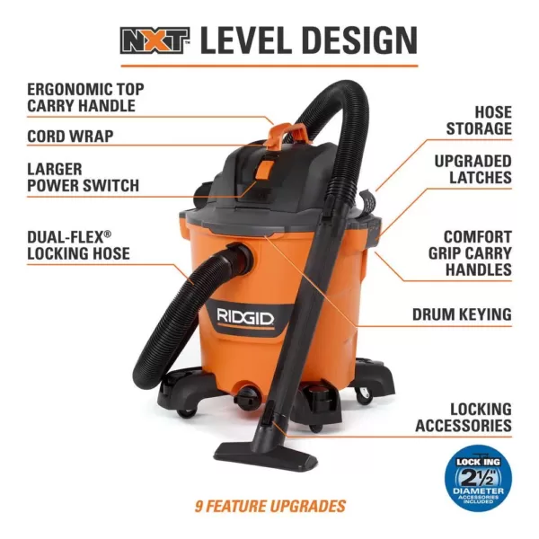 RIDGID 12 Gal. 5.0-Peak HP NXT Wet/Dry Shop Vacuum with Filter, Hose, Accessories and Wet Application Filter