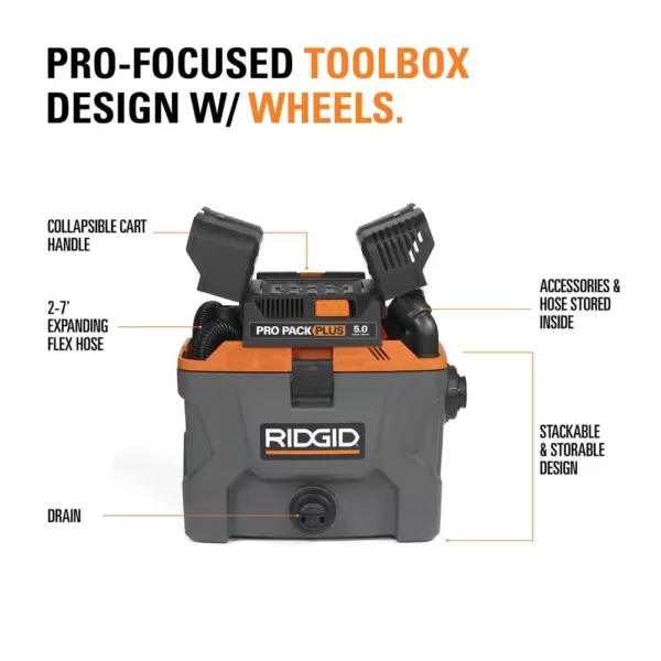 RIDGID 10 Gal. 5.0-Peak HP ProPack Plus Wet/Dry Shop Vacuum with Filter, Expandable Hose and Accessories