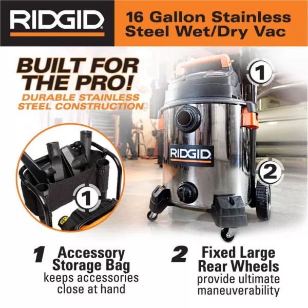 RIDGID 16 Gal. 6.5-Peak HP Stainless Steel Wet/Dry Shop Vacuum with Filter, Hose and Accessories