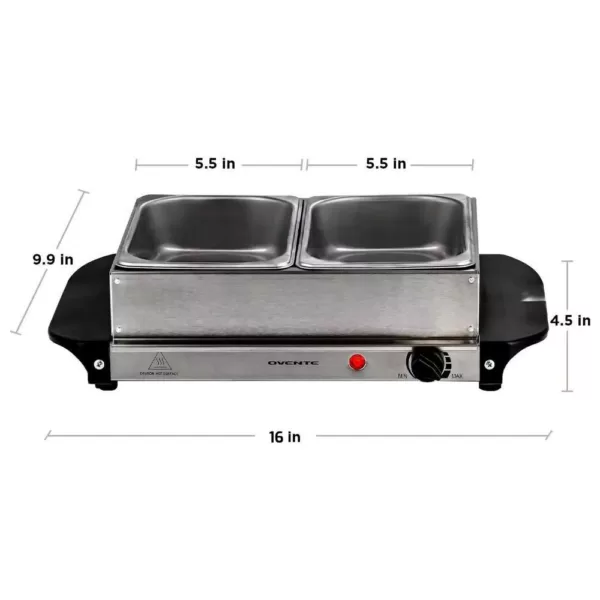 Ovente 2.1 qt. Silver Chafing Dishes, Electric Buffet Server Tray with 2 x 1L Stainless Steel Warming Pans and Lids