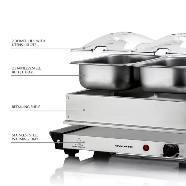 Ovente 2.1 qt. Silver Chafing Dishes, Electric Buffet Server Tray with 2 x 1L Stainless Steel Warming Pans and Lids