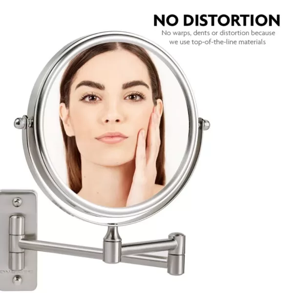 Ovente Small Round Wall Mounted Nickel Brushed Makeup Mirror (11 in. H x 1.4 in. W), 1x-10x Magnification