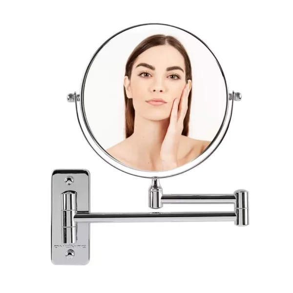 Ovente Small Round Wall Mounted Polished Chrome Makeup Mirror (11 in. H x 1.4 in. W), 1x-10x Magnification