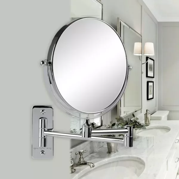 Ovente Small Round Wall Mounted Polished Chrome Makeup Mirror (11 in. H x 1.4 in. W), 1x-10x Magnification