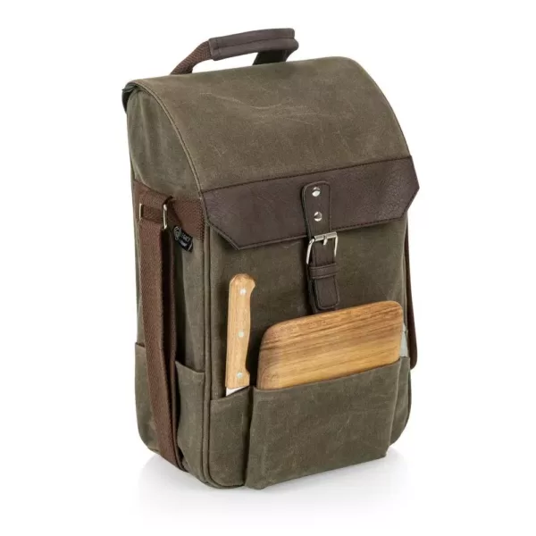 Picnic Time 2-Bottle Khaki Green Waxed Canvas Wine Cooler Bag and Cheese Board Set