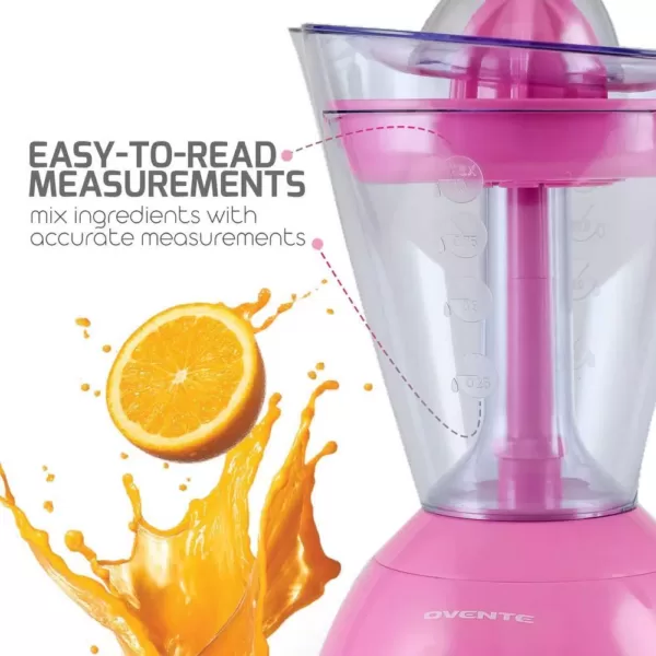 Ovente 34 oz. Pink Electric Citrus Juicer 2 Auto-Reversing Cones Capacity, Pressure-Activated, Strainer, Pulp Control